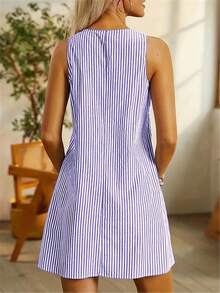 Fashion Me Sleeveless Suspender Fitted Casual Minimalist Everyday Commute Home Wear Spring/Summer Lightweight Digital Print Striped Round Elegant - Blue - View 2