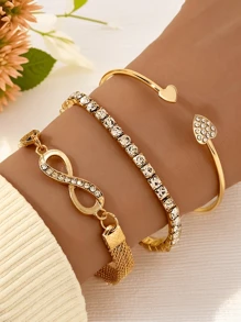 3pcs Elegant Infinity Symbol Metal Bracelet Set For Women, Heart Shape Rhinestone Embellished Bangle, Suitable For Daily Life Or Casual, Mother's Day Gift