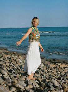 Falda de mujer con cintura fruncida, estilo resort de playa sólido