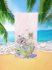 TOM AND JERRY. 1pc Cartoon Tom & Jerry Pattern Beach Towel, Soft & Comfortable For Home, Bathroom, Swimming, Children & Adults