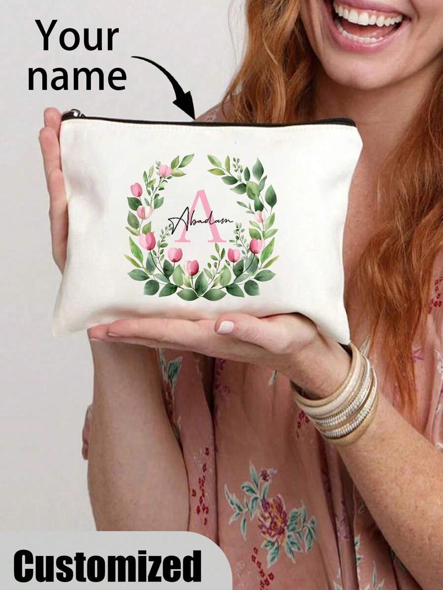 Bolsa de maquillaje personalizada con monograma floral de acuarela - Bolsa de cosméticos personalizada, regalo de Navidad perfecto para mamá, maestra, hija - Organizador de artículos de tocador de viaje ligero y de moda con cierre de cremallera - Beis - Ver 1
