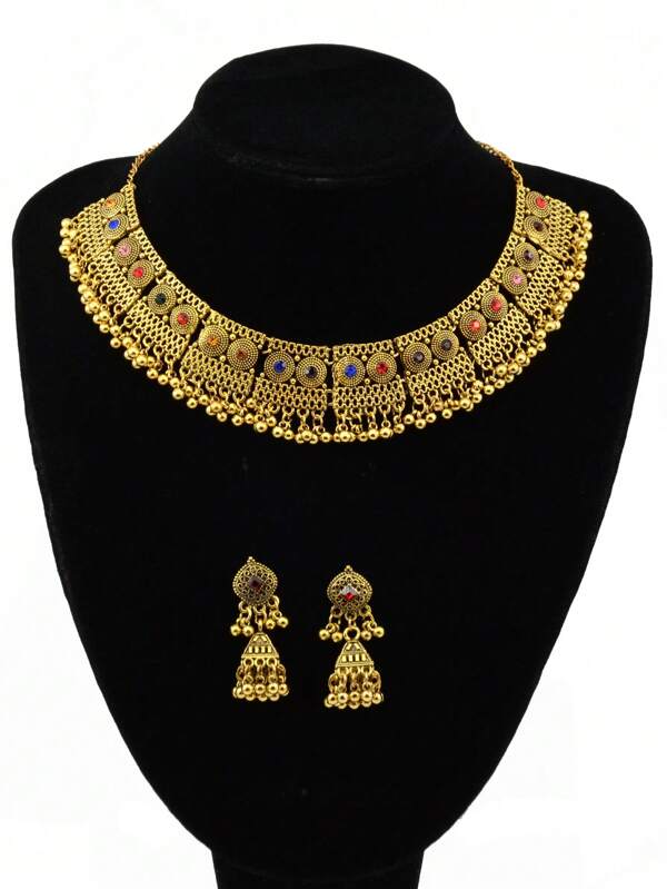 1 conjunto incluindo 1 par de brincos e 1 colar, material de liga incrustado com strass coloridos, estilo clássico, opções multicoloridas, colar de corrente em forma de arco oco boêmio, brincos de borla de contas em forma de lágrima, incrustados com strass, adequados para boêmio, feriado, férias, festa, uso feminino