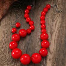 3pcs Asymmetrical Beaded Resin Jewelry Set, Retro Necklace Bracelet Earrings Suit, Red Faux Pearl Classy Luxurious Set, European And American Fashion - Beaded Necklace - View 4