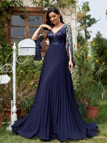 Elegant Beaded Sequin V-Neck Chiffon Long Evening Gown, High-End Formal Dress With High Slit Long Sleeve For Banquet, Wedding Party, Graduation, Bridesmaid, Mother Of The Bride, For Wedding Guest - 藏蓝色 - 查看 7