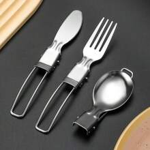 4件套便携式不锈钢折叠餐具套装，含勺子、刀叉，适合野餐、户外和露营使用，学校用品 - 彩色 - 查看 5