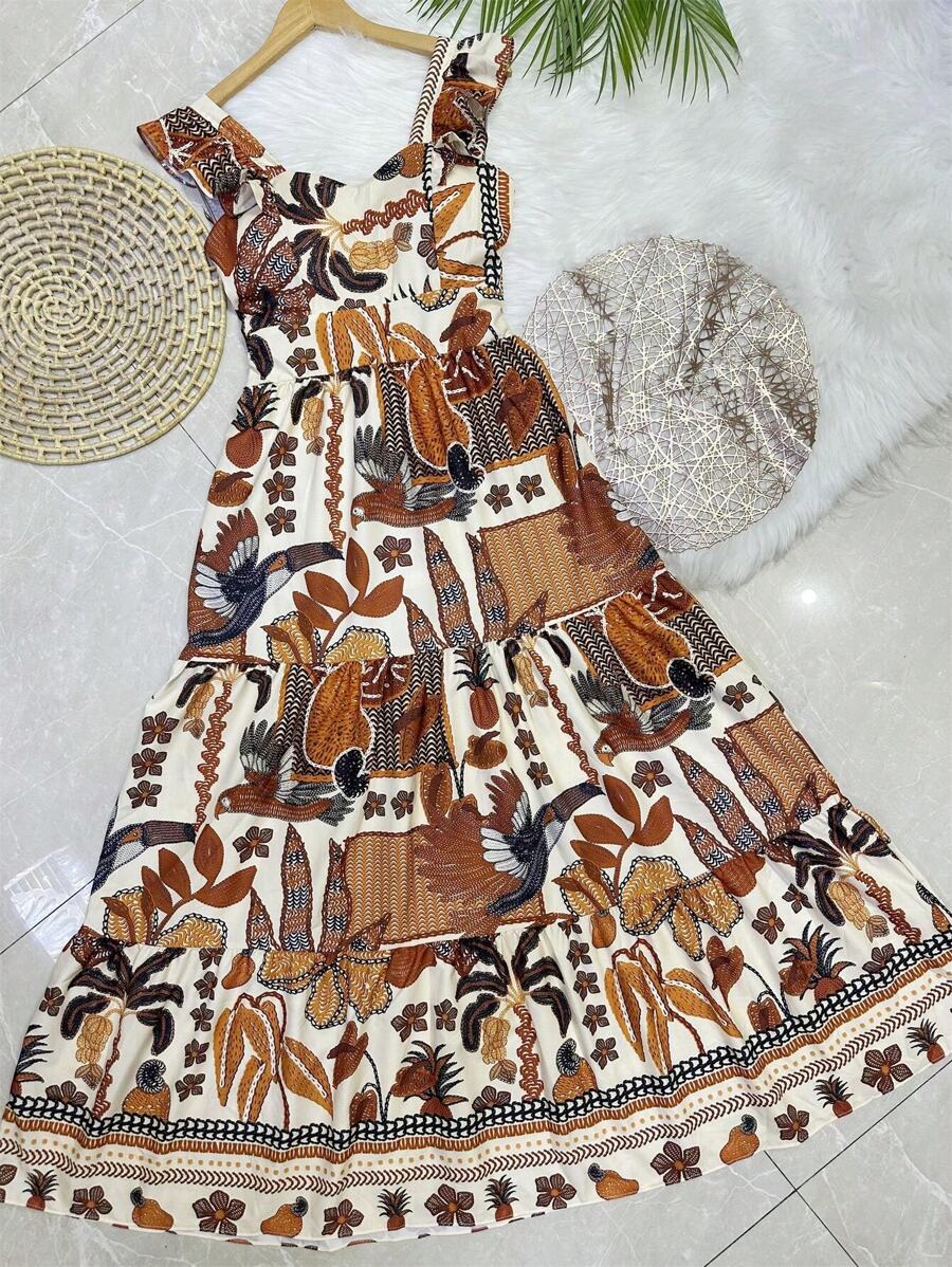 Long Dress PRINTED With Lining In CREPE Fabric, Beautiful And Fashionable - Coffee - View 1