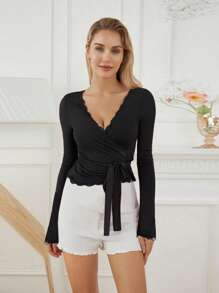 Womens Y2k Lace Sheer Mesh Crop Tops Long Sleeve Deep V Neck Cross Wrap Blouses Slim Fit Fairy Coquette T-Shirts - 黑色 - 查看 3
