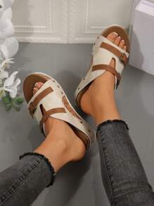 Sandali con tacco platform e plateau in stile vintage europeo e americano con doppia fibbia, tomaia bicolore, adatti per uso casual, all'aperto e per feste, con punta aperta, leggeri e comodi, colore beige, scarpe estive da spiaggia - Beige - Visualizzare 5