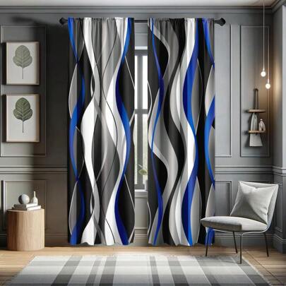 2pcs Modern Abstract Art Line Design Curtains - Rod Pocket Design, Balances Privacy, Easy Installation, Suitable For Bedroom, Living Room, Bathroom And Other Daily Decor, Machine Washable, Digital Printing, 100% Polyester, 90gsm