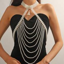 Graceful Multi-Layer Handmade (Faux) Pearl Woven Necklace/Shoulder Chain, Adjustable Length, Suitable For Party, Bikini Top, Beach Cover-Up And All Seasons - White - View 14