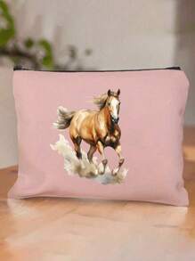 Charming Watercolor Horse Theme Printed Zipper Makeup Bag, Fashionable Large Capacity Makeup Bag, Cosmetic Bags, Skin Care Product Storage Bags, Travel Makeup Bag, Solid Color Zipper Bag, Large Capacity Style Bag, Bathroom Organizer Holiday Essentials Holiday Travel Essentials Travel Bag Travel Accessories - Pink - View 5