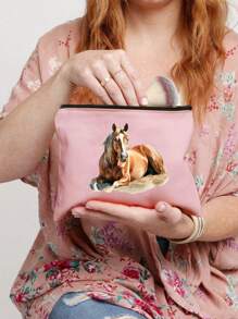 Charming Watercolor Horse Theme Printed Zipper Makeup Bag, Fashionable Large Capacity Makeup Bag, Cosmetic Bags, Skin Care Product Storage Bags, Travel Makeup Bag, Solid Color Zipper Bag, Large Capacity Style Bag, Bathroom Organizer Holiday Essentials Holiday Travel Essentials Travel Bag Travel Accessories - Pink - View 2