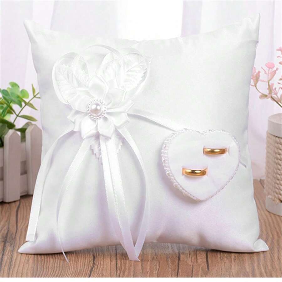 Wedding Ring Pillow Elegant Heart Bowknot Ring Bearer With Ribbons Pillow Portable Wedding Supplies For Wedding Party - White - View 1