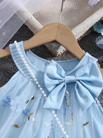 Vestido sin mangas estilo princesa con decoración de lazo de malla 3D con flores y bolso bandolera para niñas, estilo de moda de verano