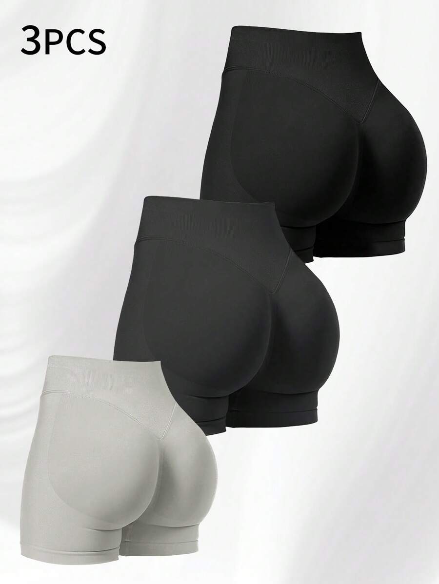 3 件套女士高腰显瘦跑步提臀速干七分紧身裤、瑜伽黑色短裤、健身短裤、跑步短裤、蜜桃提臀运动短裤、收腹短裤、