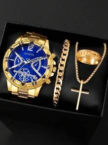 4-Piece Luxury Gift Set For Men: Stainless Steel Quartz Watch With Precise Analog Display, Cross Pendant Necklace, Bracelet And Ring, Perfect For Business, Casual And Sports Occasions - Ideal Gift For Him