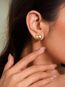 2 件/1 套爱心耳环心形镀金铜耳环适合女士日常佩戴 - 金色 - 查看 2