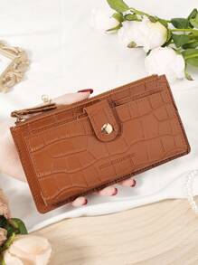 勃艮第包 Charry 红色包酒红色包，鳄鱼压纹折叠长钱包女士时尚现代商务超薄便携多功能大容量信用卡拉链身份证钱现金存储 - 酒紅色 - 查看 14