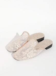 Women's Black & Champagne Closed Toe Mule Slippers, Mid-Heel, Fashion Hollow Breathable Mesh Embroidered Slip-On Sandals, Suitable For Dresses, Flat Casual Slide Sandals