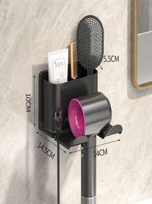 1pc No-Drill Wall Mounted Dual Compartment 2-In-1 Hair Dryer Holder & Storage Rack, Bathroom Organizer