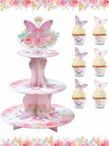 1 Set Rosa Schmetterling Stil Kuchenständer, mehrstufiges Papier Kuchentablett & Kuchenrand, Serviertablett, Schmetterling Party Dekorationen, Baby Shower Dekoration Gender Enthüllungs-Dekoration, Rosa Schmetterling Thema Geburtstagsdekoration, Geburtstagsgeschenk Party Begünstigung Feiertagsereignis Party Kuchendekoration Zubehör Wohndekoration Zimmer Dekoration Tischdekoration Kuchen Display Ständer, Küchendekoration Bäckerei Kochen Dekorationen, Kuchenständer, Küche DIY Kuchen Kochen Dekorationen