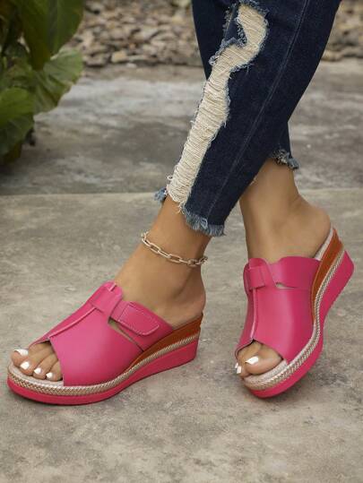 Ladies Elegant Thick Soled Sandals, Ankle Strap Comfortable Walking Shoes, Slope Heel Beach Shoes