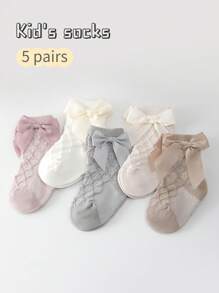 5 Pairs Spring/Summer Girls Socks, Lolita Bowknot Princess Knee High Socks, Autumn Leg Warmers Mid-Calf Short Socks