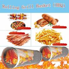 1pc Stainless Steel Round Barbecue Grill Mesh Basket With Rolling Design For Outdoor Bbq Smoking And Portable Use