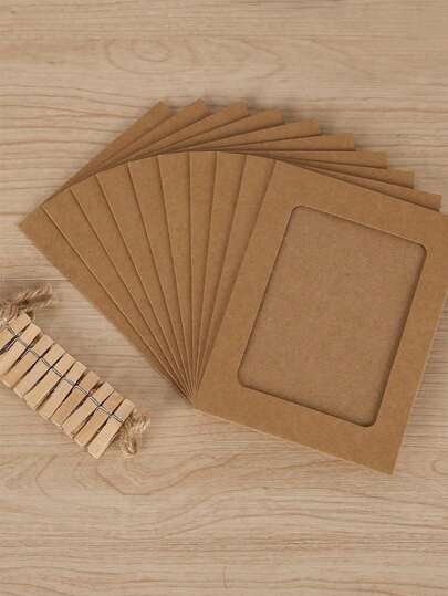 1set (10pcs) Creative Hanging Paper Photo Frame With Rope Clip, Pure Black And White Craft Colors