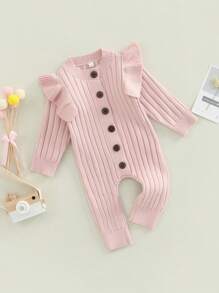 Baby Girls Knitted Long Sleeve Jumpsuit Fashion Solid Color Round Neck Button Long Romper - Pink - View 3