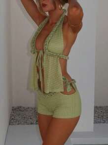 Y2k Crochet Knitted Two Piece Outfit For Women Beach Vacation Clothes Outfit Sexy Hollow Out Tie Front Halter Backless Split Crop Tank Tops + Slim Fit Low Rise Mini Shorts Set Summer Club Beachwear 2 Piece Outfit - 綠色 - 查看 5