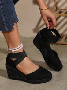 Women's Crossed Elastic & Linen Rope Platform Wedge Sandals - All Black - View 3