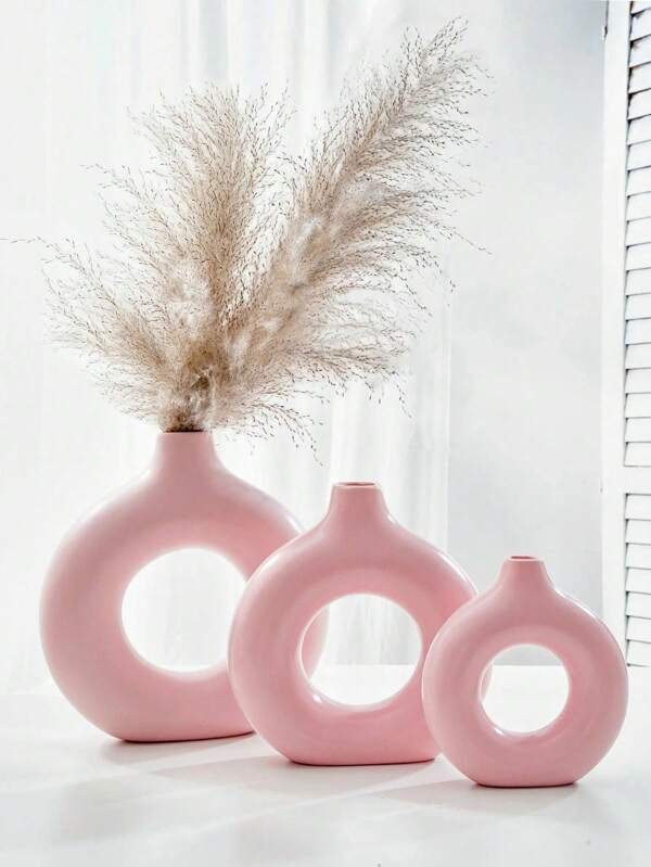 1pc Pink Plastic Vase, Nordic Minimalist Geometric Zero-Shaped Vase, Warm Home Decor Flower Holder, Donut-Shaped Round Vase, For Home Decor, Room Decor, Living Room, Entryway, Hotel Decor, Study, Dining Room, Wedding, Party