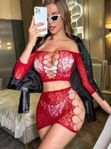 Jacquard Fishnet Lingerie Set, Cut Out Long Sleeve Crop Top & Bodycon Skirt, Women's Sexy Lingerie & Underwear