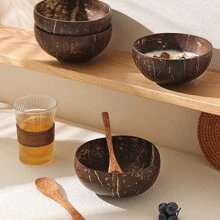 6pcs Handmade Coconut Bowls Set - Natural Wooden Salad And Smoothie Bowls - High Quality Vegan Kitchenware With Star Pattern, Gift