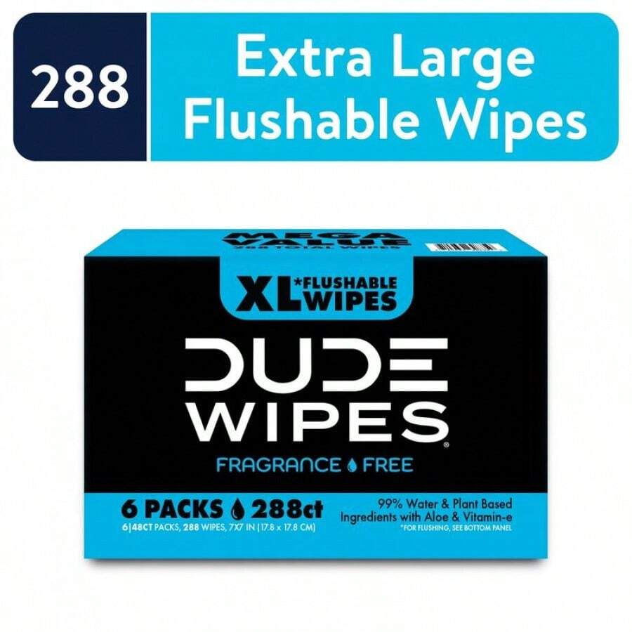 DUDE Wipes Unscented XL Flushable Wipes, 6 Flip-Top Packs Case, 48 Wipes Per Pack, 288 Aloe Vera - 1 - View 1
