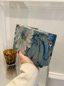 Embroidered Ladies Crossbody Bag With Metal Chain, Versatile Shoulder/Crossbody, Small Square Floral Print Pattern Box Design - Blue - View 2