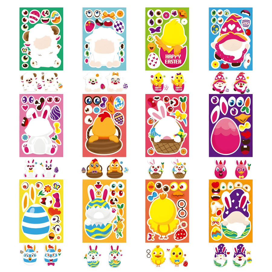 12pcs Easter Cartoon Makeup Set, DIY Customizable Self-Adhesive Paper Stickers Featuring Rabbit, Chick, And Farm Animal Patterns, Suitable For Home, School, And Party Gifts