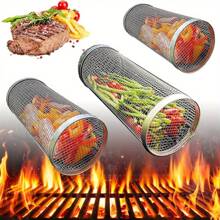 1pc Stainless Steel Round Barbecue Grill Mesh Basket With Rolling Design For Outdoor Bbq Smoking And Portable Use