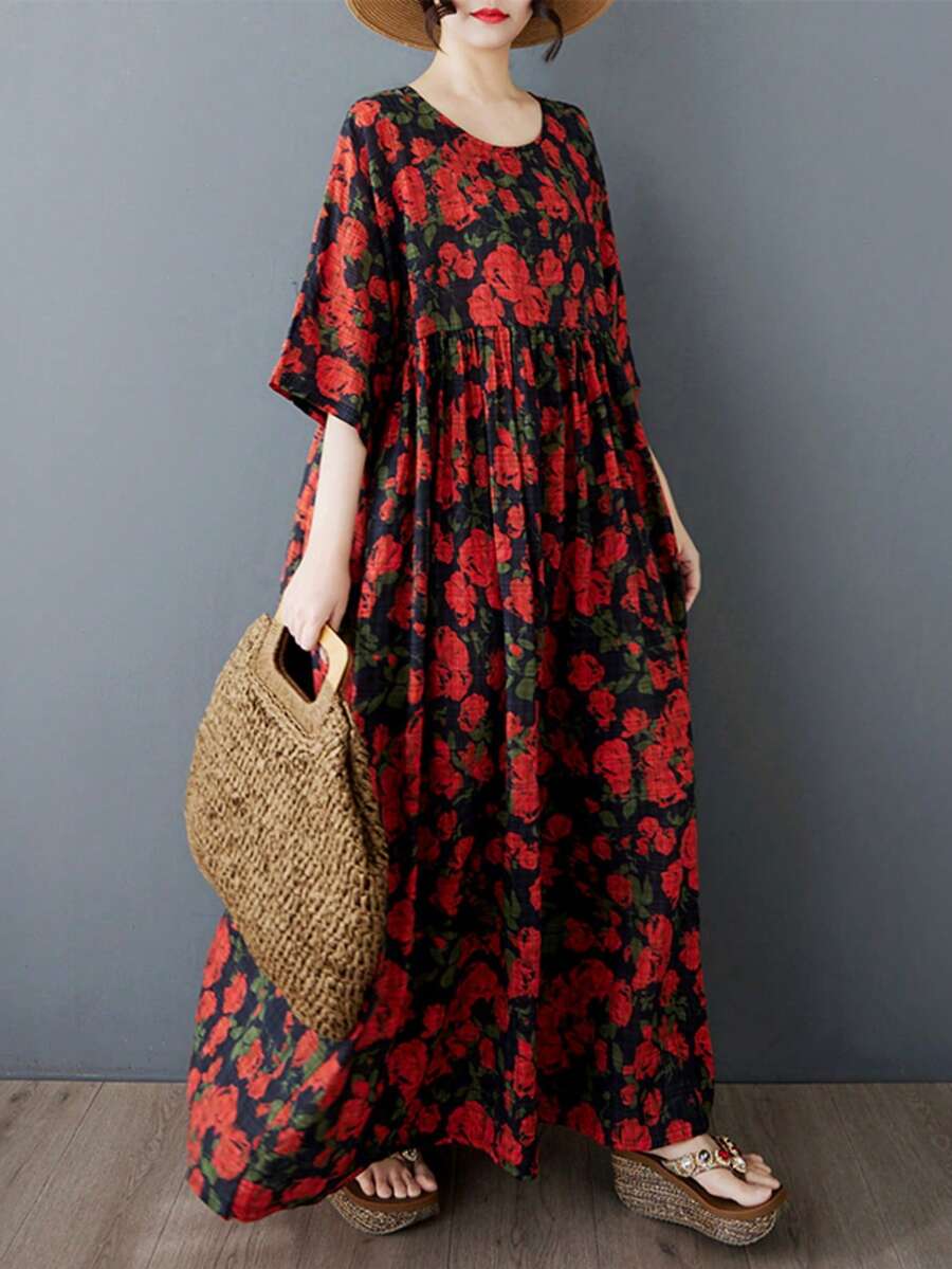 AZAH 2026新款A字印花长裙，加大码，蝙蝠袖，宽松梭织面料，V领带口袋，度假优雅之选 - 紅色 - 查看 1