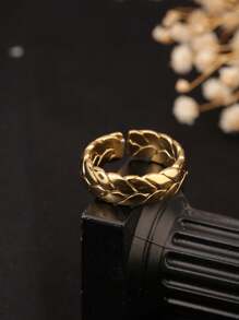 1pc 18k Gold-Color Titanium Steel Wheat Twist Ring, Non-Fading Open Band Ring, Fashionable Versatile, Suitable For Women Everyday Wear & Party Gift