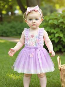 Baby Girls Butterfly Embroidered Dress Flutter Sleeve Tulle Princess Dress With Ruffles Birthday Outfit - Purple - View 5