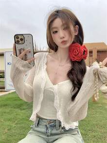 Women's Blue Lace Trim V-Neck Cover Up, Cute Back To School Summer Shawl Lightweight Outerwear