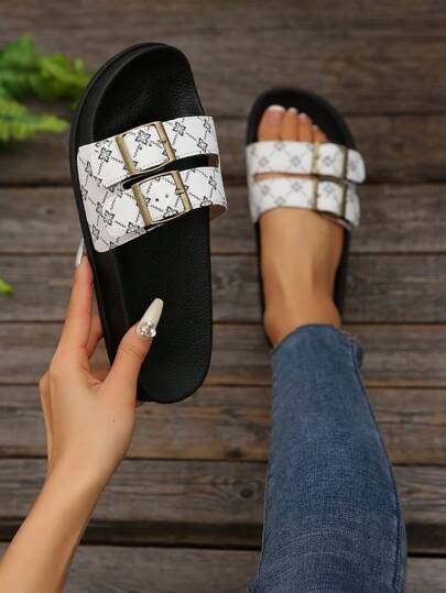 夏季女士拖鞋，大码时尚女鞋，亮色装饰双扣，女士沙滩拖鞋，柔软舒适