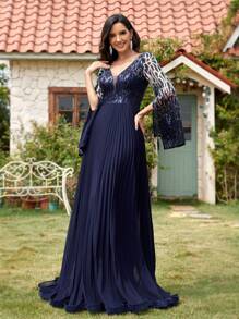 Elegant Beaded Sequin V-Neck Chiffon Long Evening Gown, High-End Formal Dress With High Slit Long Sleeve For Banquet, Wedding Party, Graduation, Bridesmaid, Mother Of The Bride, For Wedding Guest - 藏蓝色 - 查看 3