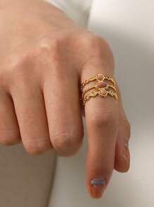 金色不锈钢戒指，复古粉色天然宝石度假波西米亚风女士戒指约会夏季珠宝 - 金色 - 查看 1