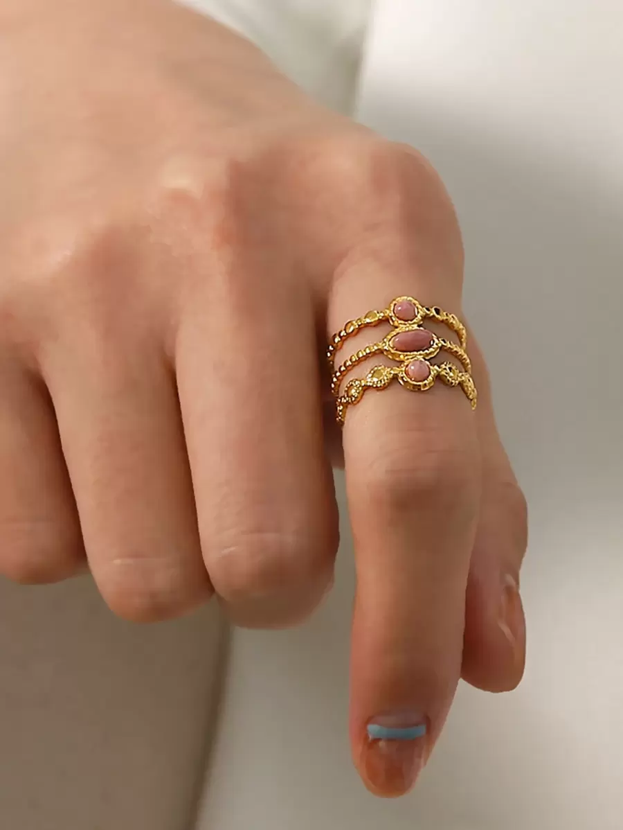 金色不锈钢戒指，复古粉色天然宝石度假波西米亚风女士戒指约会夏季珠宝 - 金色 - 查看 1