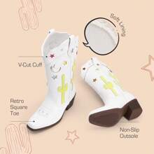 Girls Cowboy Boots Square Toe Western Boots With Low Heel - White - View 8