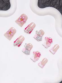 10 Pieces Set - Y2K Handmade Duckbill Nail Patch, Pink Nails, White, Nude Color, With French Patch, 3D Water Droplet, 3D Lace, Hard Seal Layer, Spray Gun, Powder Coating, Blending, Carving, Golden Steel Ball, Pendant Pentagram, Pink Flower, Swan, White Cat Head, Pink Lollipop, Suitable For Mother's Day, Gatherings, Daily Wear. Including Nail Tools. The Color Of Nail Accessories Is Random