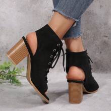Women's Fashion Peep Toe Lace-Up Thick Heel Black Sandals, Versatile & Heightening